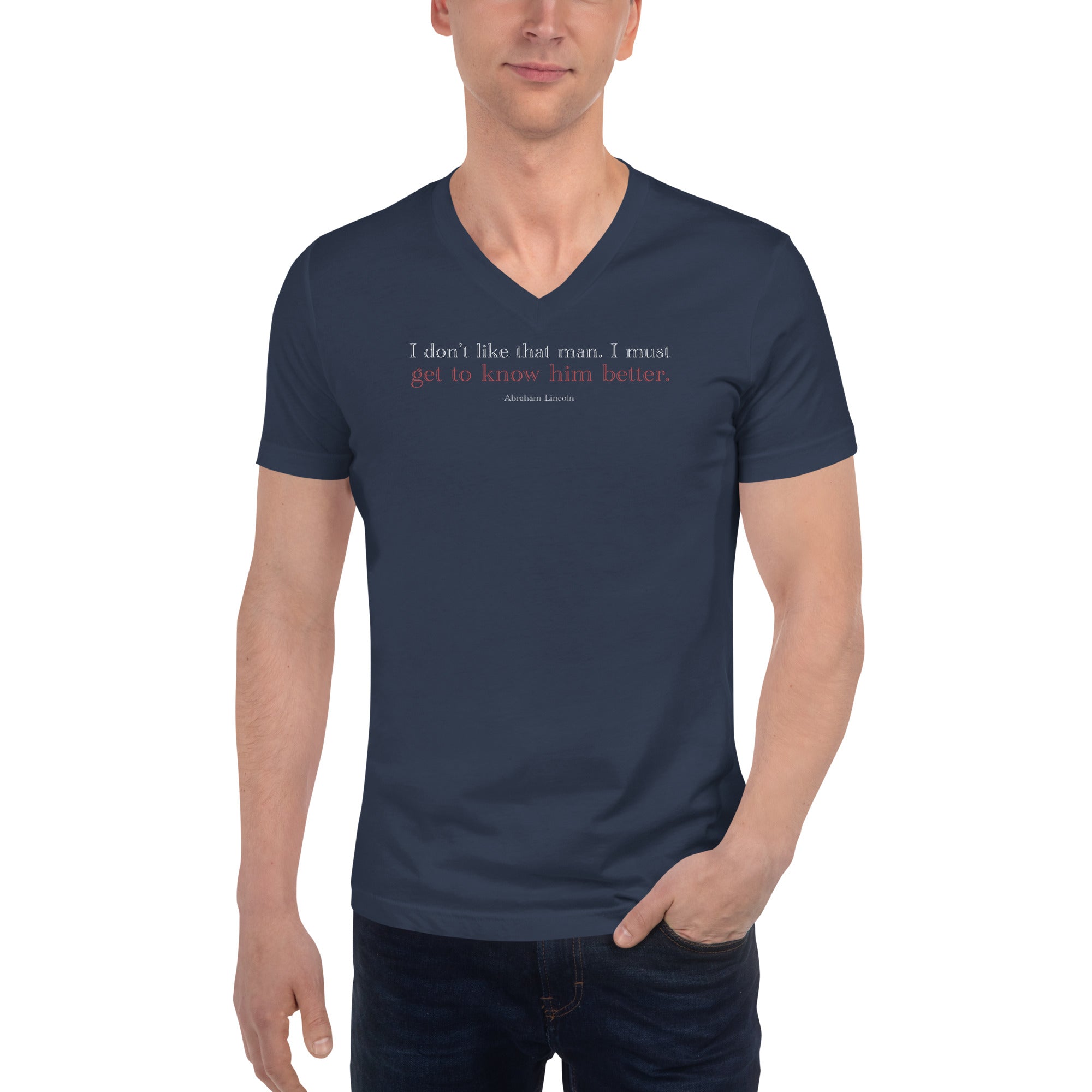 'Get to Know' Unisex Short Sleeve V-Neck T-Shirt | Navy