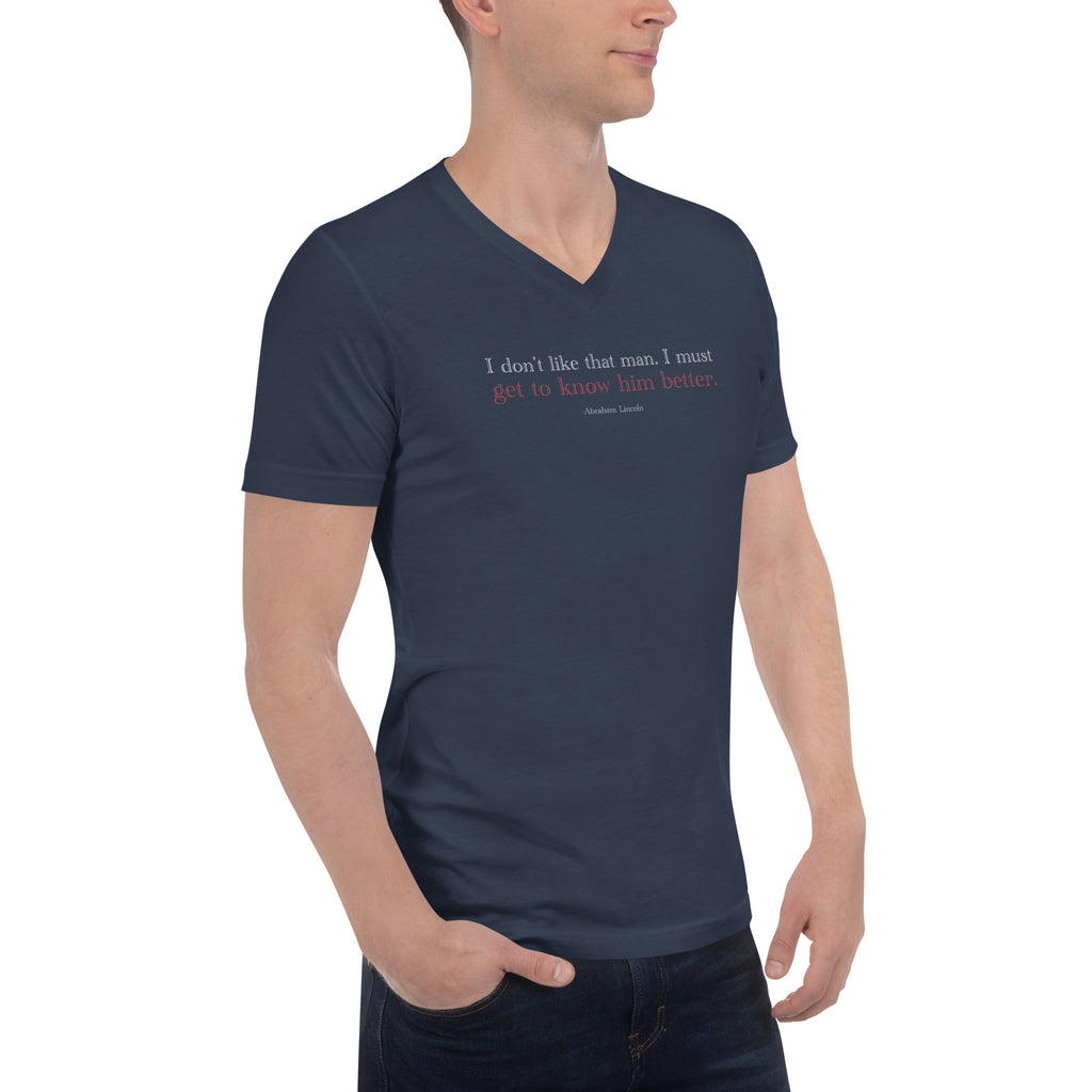 'Get to Know Him Better' - Lincoln | Unisex Short Sleeve V-Neck T-Shirt | Navy